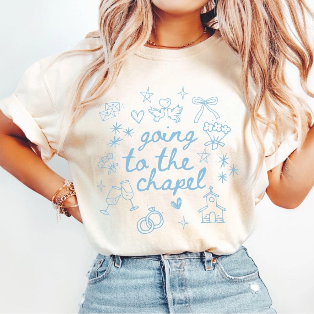 Going to the Chapel Bridal Graphic Tee with Blue Print Comfort Colors Oversized